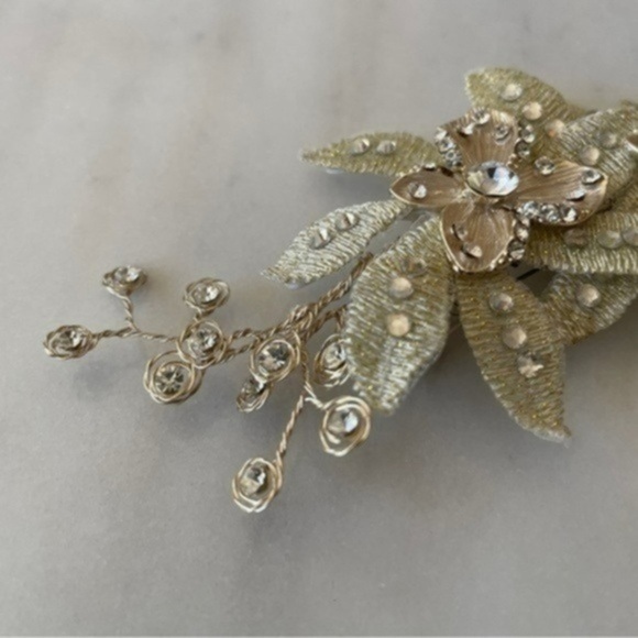 Wedding Hair Clip with Crystals, Metallic Flowers & Leaves - Picture 2 of 12